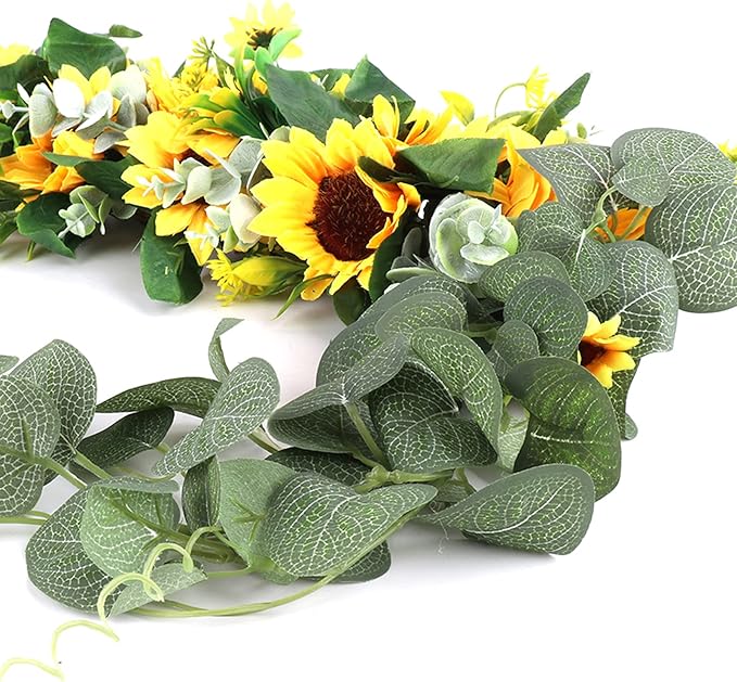Artificial Sunflower Swag, 17.7inch Decorative Flower Swag Wedding Arch Decor, Fake Flower Wreath Sunflower Swag Garland, Green Leaves Hanging Ornament Floral Swag Door Swag for Wedding Home(Yellow)