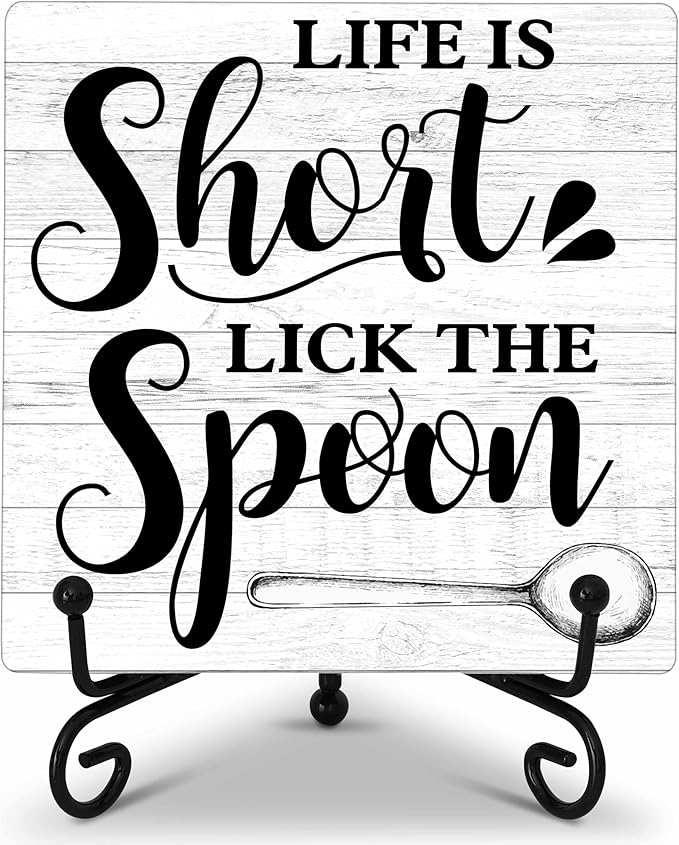 Kitchen Counter Decor, Kitchen Decor and Accessories, Life Is Short Sign, Fun Farmhouse Wooden Plaque with Iron Stand for Dinning Room Shelf Display-A08