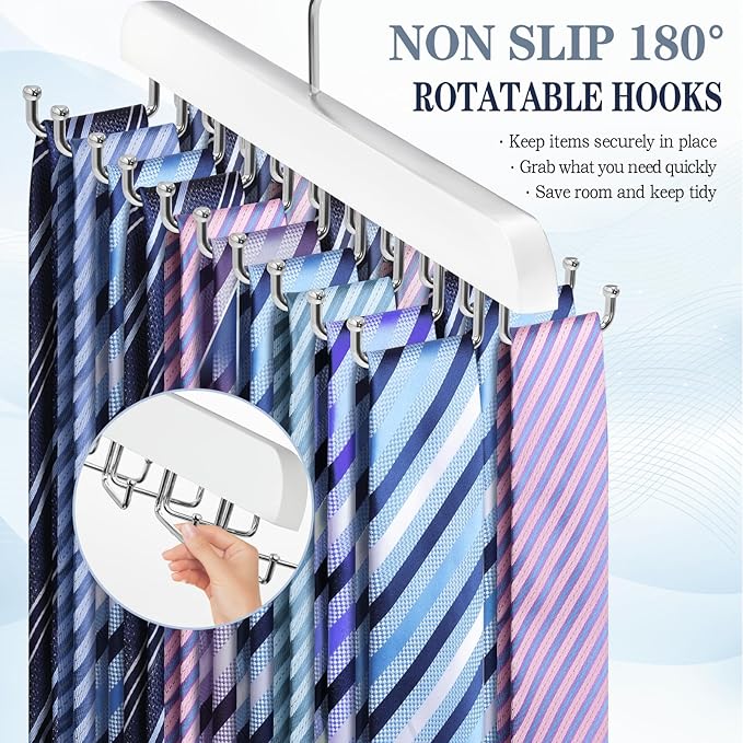 Tie Rack Belt Hanger for Closet Fitnice Upgraded Non Slip Tie Hanger Space Saving with 20 Foldable Hooks Wooden Belt Tie Organizer for Tank Tops Bras Cami Scarves