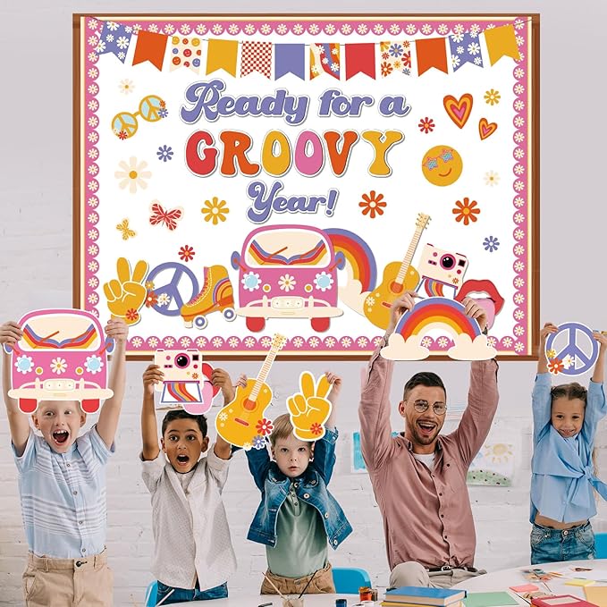 Pajean Groovy Bulletin Board Retro Hippie Boho Classroom Decoration Ready for a Groovy Year Paper Cutouts for Back to School First Day Door Wall Window Chalkboard Decor