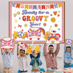 Pajean Groovy Bulletin Board Retro Hippie Boho Classroom Decoration Ready for a Groovy Year Paper Cutouts for Back to School First Day Door Wall Window Chalkboard Decor