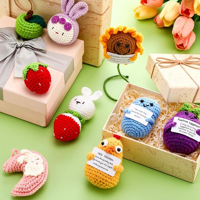 VioraWhite 18 Pcs Positive Crochet Animal Fruit Sunflower Emotional Dolls Bulk Encouragement Emotional Knitted Gifts with Positive Words for Friends Coworker Decorations for Home Office