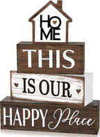 Cinnvoice 4 Pcs Farmhouse Tabletop Decor Rustic Family Blessed Home Table Centerpiece This Is Us Sign for Kitchen Shelf Desk Fireplace Mantel Tiered Tray Decor(Home This is Our Happy Place)