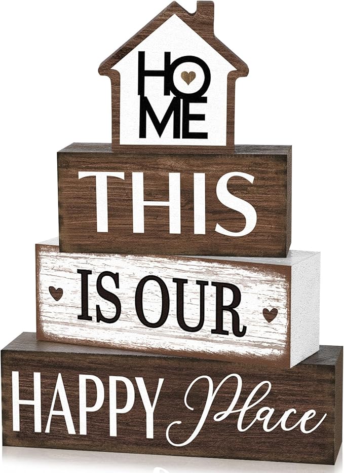 Cinnvoice 4 Pcs Farmhouse Tabletop Decor Rustic Family Blessed Home Table Centerpiece This Is Us Sign for Kitchen Shelf Desk Fireplace Mantel Tiered Tray Decor(Home This is Our Happy Place)