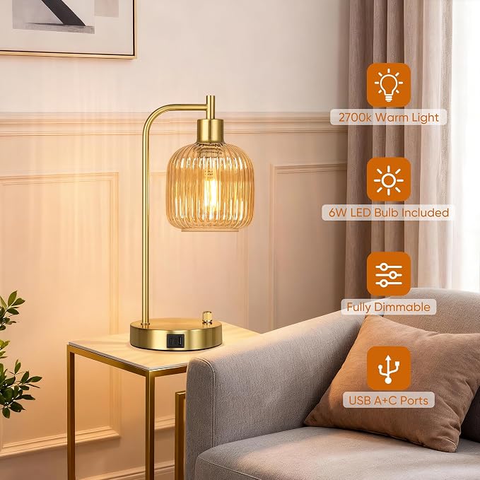 QiMH Industrial Table Lamp for Bedroom Set of 2, Champagne Glass Beside Lamp with USB A&C Ports, Stepless Dimmable Gold Lamps, Nightstand Lamps for Living Room, Office, Home Decor(Bulb Included)