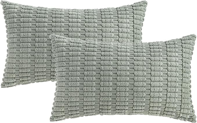 MIULEE Pack of 2 Spring Corduroy Decorative Lumbar Throw Pillow Covers 20x12 Inch Soft Boho Striped Pillow Covers Modern Farmhouse Home Decor for Summer Sofa Living Room Couch Bed Greyish Green
