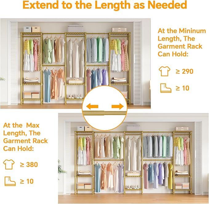 Large Clothes Rack, Clothing Rack for Hanging Clothes, Heavy Duty Garment Rack, Freestanding Wardrobe Closet with Extendable Hanger Rods, Width from 7.8 to 10.8 ft, H11 Gold