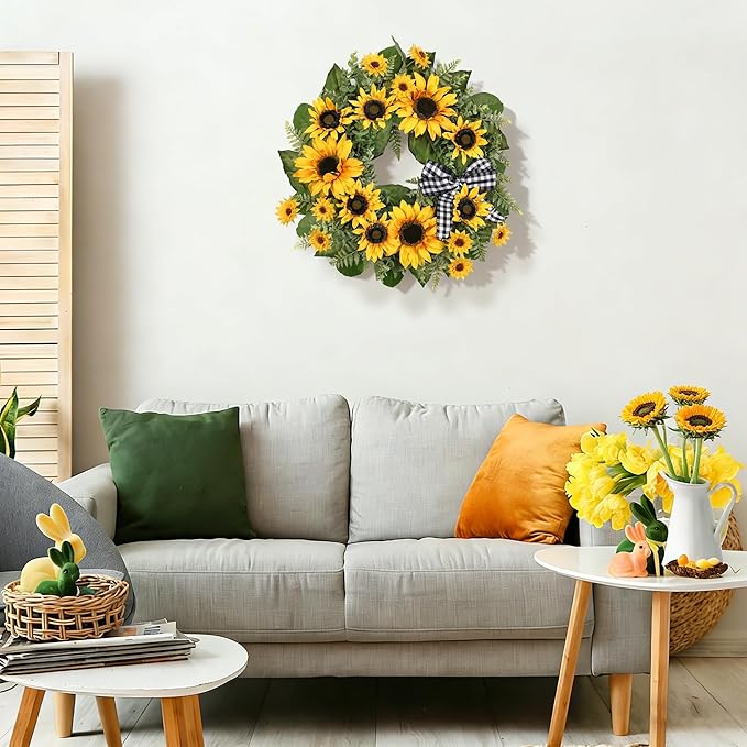 24 Inch Large Sunflower Spring Summer Wreath for Front Door, All Season Wreath with Bow Wreaths for Unique Housewarming Gift, Porch Wall Farmhouse Home Wedding Holiday Decor