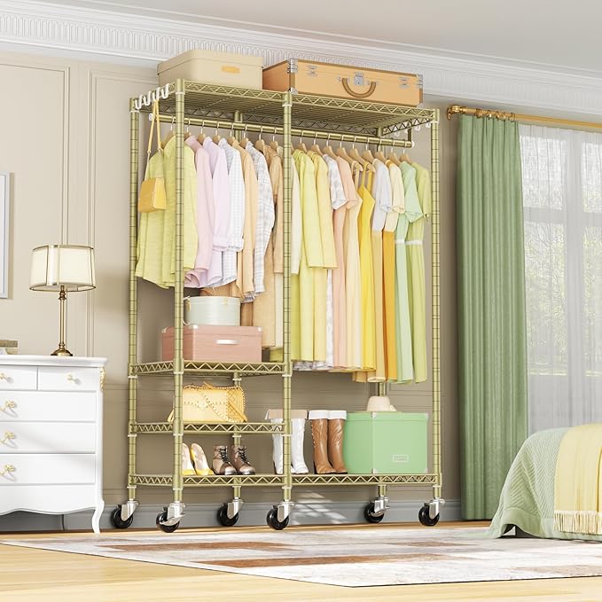 Ulif F4R Heavy Duty Clothes Rack(With Lockable Wheels )Rolling Clothing Racks for Hanging Clothes，Adjustable Closet Organizer System，Portable Garment Rack 45"W x 15.8"D x 73.5"H，Max Load 650LBS,Gold