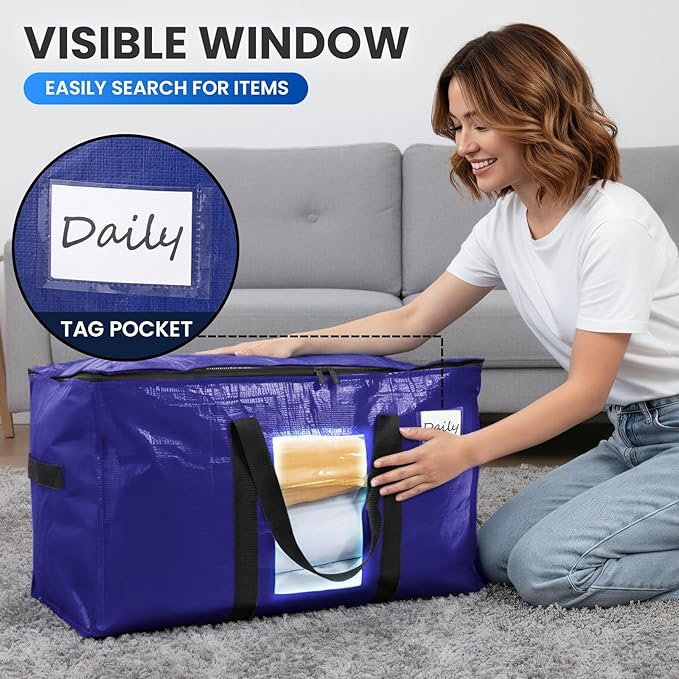 TAILI 6 Pack Dark Blue Extra Large Storage Bags, Heavy Duty Totes with Visible Window, Wrap Around Handles, Perfect for Moving