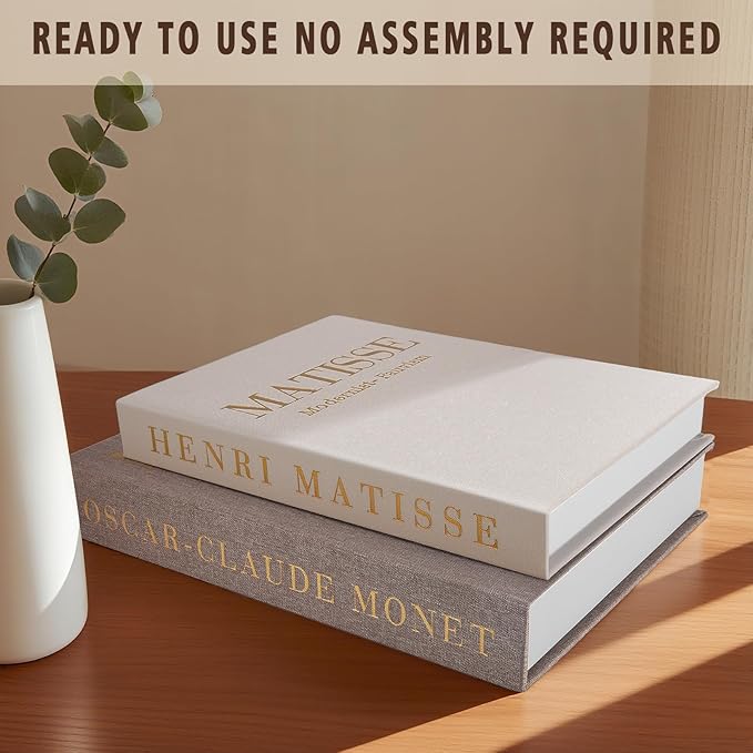 Decorative Books for Home Decor, Coffee Table Decor with Linen White Books Stack Bookshelf, Fake Book Double as Libros Decorativos and Photo Storage (2 Piece Set)