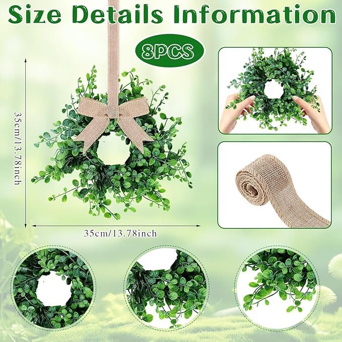 8 Pcs Mini Boxwood Wreath Green Table Centerpieces Spring Pillars Candle Rings Wreaths 9 Inch Wreath for Cabinets Farmhouse Wreaths with Ribbon for Front Door Porch Wall Window Decorations