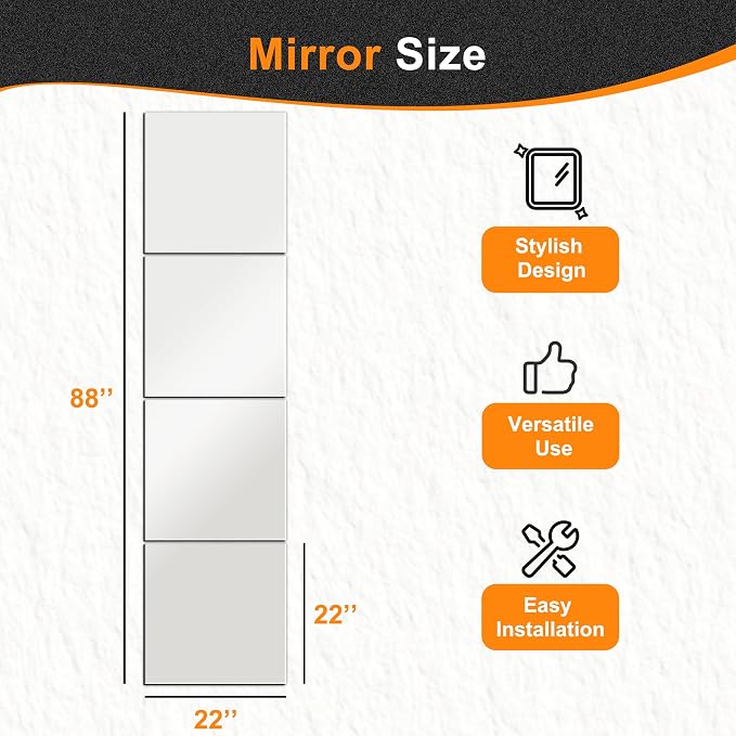Delma Frameless Mirror Tiles 22"x22"x4 Pcs Wall Mounted, Shatter Resistant Full Length Tempered Glass Panels for Home Gym Bathroom Bedroom & Living Room Decor