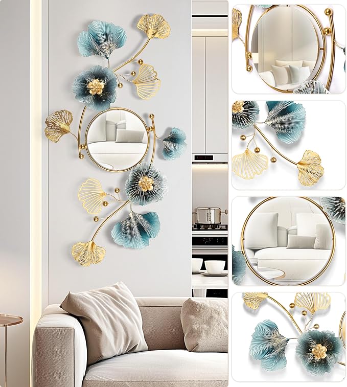 Large Wall Mirror,Modern Wall Mirrors Decorative,3DMetal Ginkgo Biloba Design - Perfect for Living Room, Bedroom, Bathroom, or Entryway Wall Decor