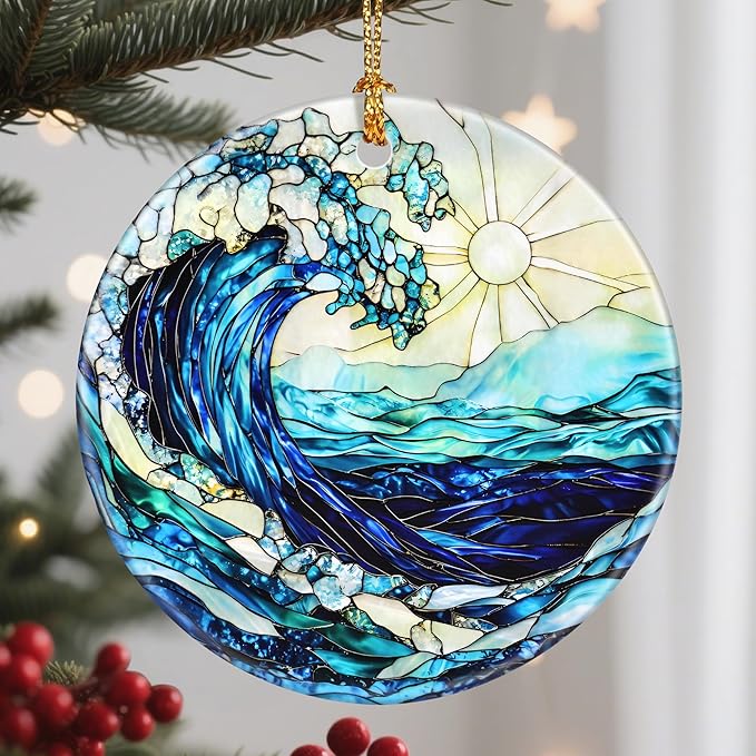 Christmas Ornaments, 2.8 Inch Ceramic Hanging Ornament, Christmas Tree Ornaments, Xmas Decorations, Holiday Decorations, Holiday Party Gifts, and Xmas Gift Ideas - Ocean Wave