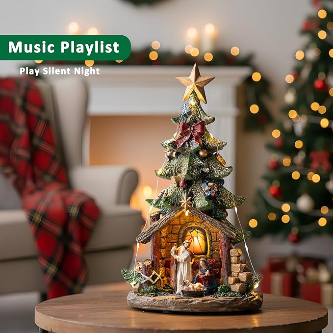VISFLAIR 12'' Christmas Tree Lighted Manger Nativity Scene, Musical Holy Family Figurines LED Light Play Silent Night Music, Battery & USB Home Decor Gifts Festive Holiday Decorations
