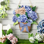 Barydat Summer Door Decorations Blue Hydrangea Wreaths Sign Flowers Floral Door Hanger Rustic Wooden Welcome Hanging Wreath Decorations for Summer Front Indoor Home Porch Wall Windows