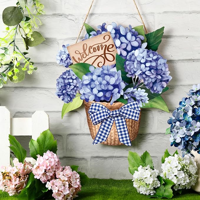 Barydat Summer Door Decorations Blue Hydrangea Wreaths Sign Flowers Floral Door Hanger Rustic Wooden Welcome Hanging Wreath Decorations for Summer Front Indoor Home Porch Wall Windows