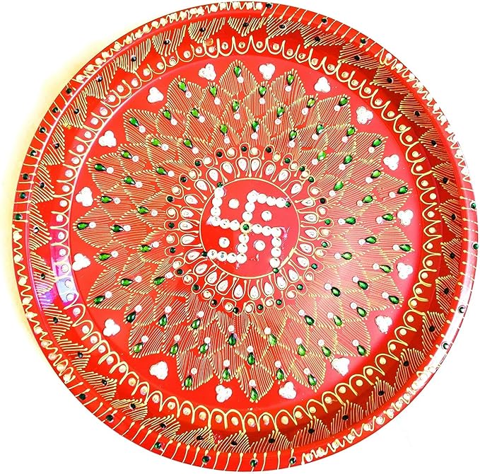 Stainless Steel Karwa Chauth 6 Pieces Decorative Pooja Thali Set (Red) (Thali Size 12")