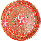 Stainless Steel Karwa Chauth 6 Pieces Decorative Pooja Thali Set (Red) (Thali Size 12")