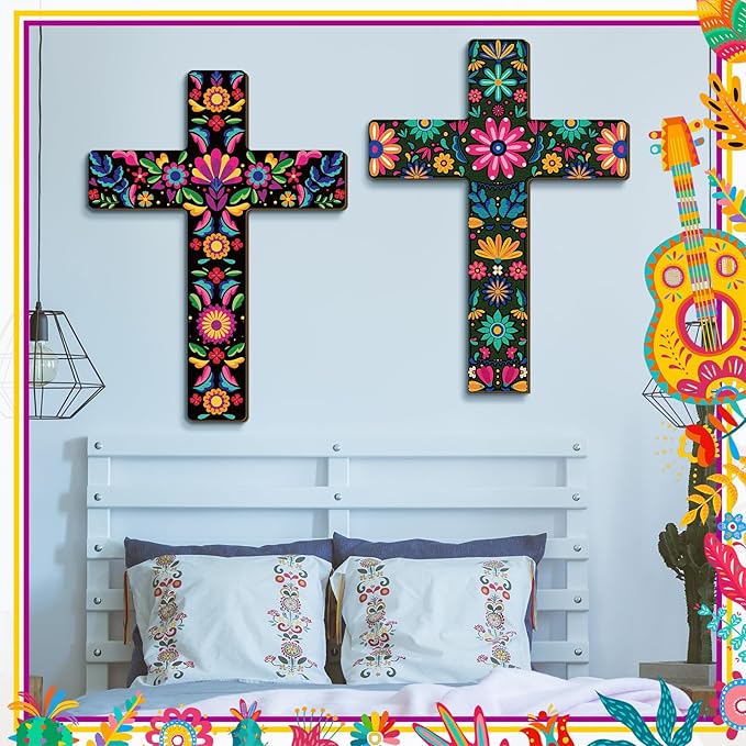 Pinkunn 2 Pcs Mexican Floral Cross Wall Decor Mexican Wall Art Hand Painted Decorative Inspirational Wooden Floral Cross Spanish Crucifix Decor for Home Room Church Decoration