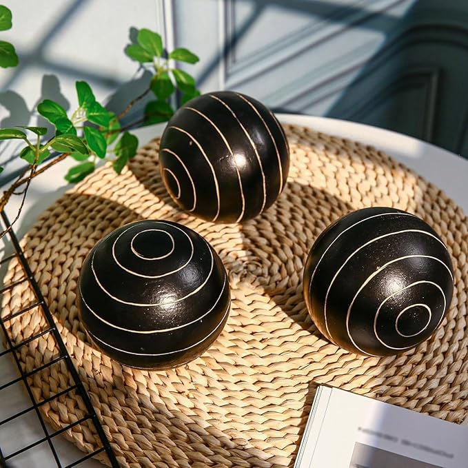 Decorative Orbs for Bowls and Vases, Circle Pattern, 4 inch Resin Round Sphere Balls, Set of 3, Living Room Coffee Table Centerpiece