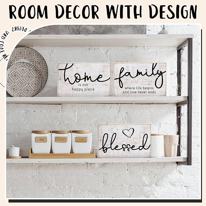 Jetec 3 Pcs Family Home Blessed Rustic Wood Sign Mini Wood Decorative Farmhouse Woodworks Table Shelves Decorations Sign for Bedroom Kitchen Living Room Table Decor(Retro Color,4.25 x 2.76 x 0.59 in)