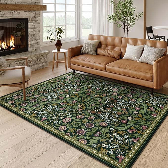 Moynesa Floral Washable 5x7 Rug, Green Area Rugs for Living Room, Non Slip Boho Dining Room Rug Under Table, Botanical Ultra Thin Floor Carpet for Bedroom Home Office, Green