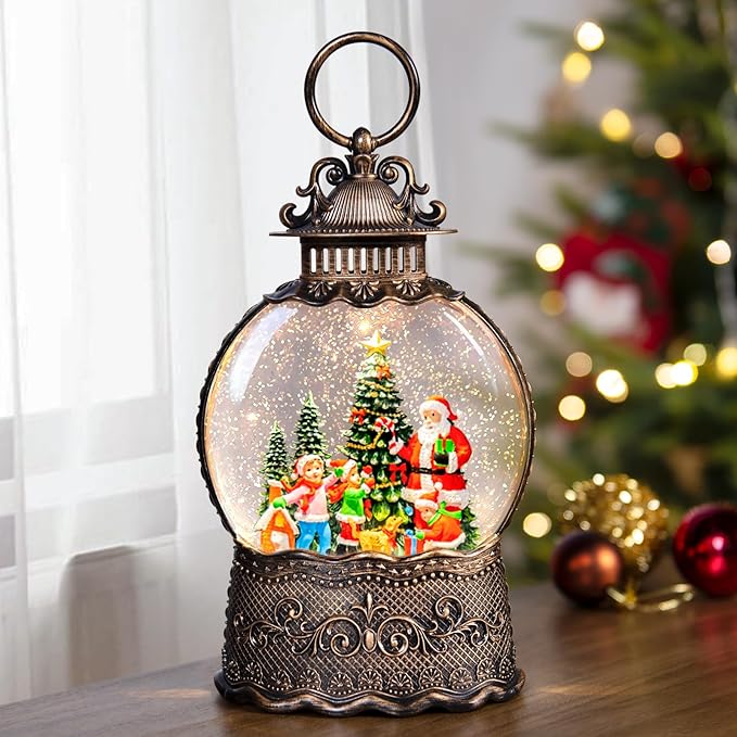 Christmas Snow Globes Lantern with Music, Santa Claus Scene Snow Globes with Swirling Glitter Effects, USB/Battery Powered with 6-Hour Timer, Christmas Decorations