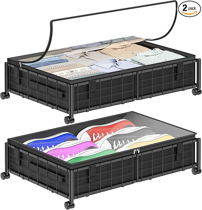 Under Bed Storage with Wheels and Storage Bag, 360° Rolling Under Bed Metal Drawers for Clothes, Blankets, Books and Shoes,Black， 2pack