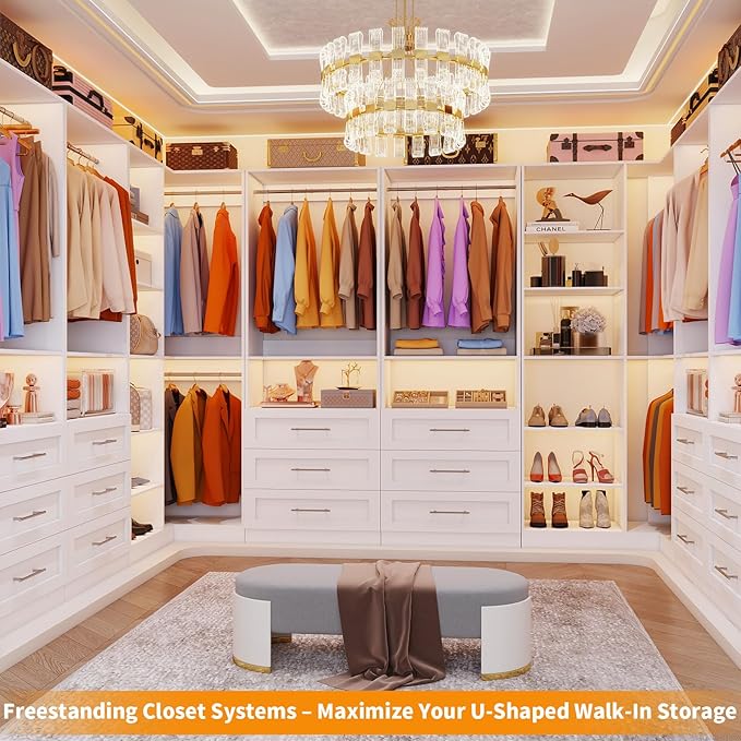 Closet System with 9 Drawers, Corner Closet Organizer Systems with 9 Shelves & 9 Hanging Rods L-Shaped Walk in Closet Freestanding Corner Tower Modular Storage System 4 Sets 2800+ Lbs Capacity White
