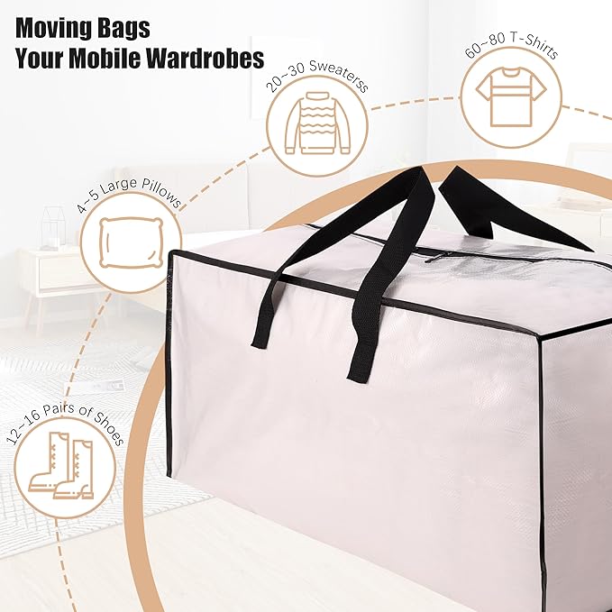 Heavy Duty Moving Bags with Backpack Straps and Strong Handles, Alternative to Moving Boxes and Storage Totes for Dorm Room Essentials, 12 Pack, Clear