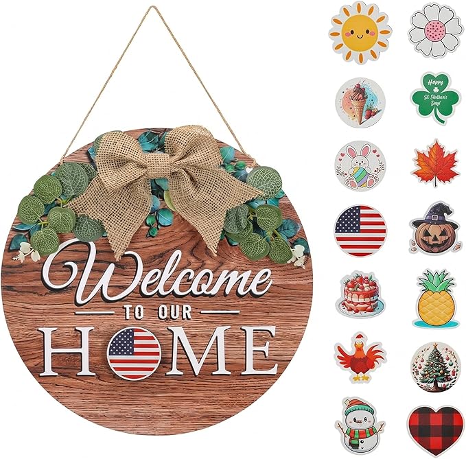 Giftgarden Welcome Home Sign for Front Door with 14 Changeable Icons, Seasonal Door Wreaths Outdoor Porch Decor, All Season Holiday Housewarming Gift