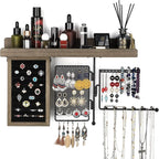 SOLIMINTR Hanging Jewelry Organizer Wall Mount Holder with Rustic Wood Shelf, Ring Display Box, Ear Studs Earring Holder, Rotating Necklace for Gothic Goth Accessories