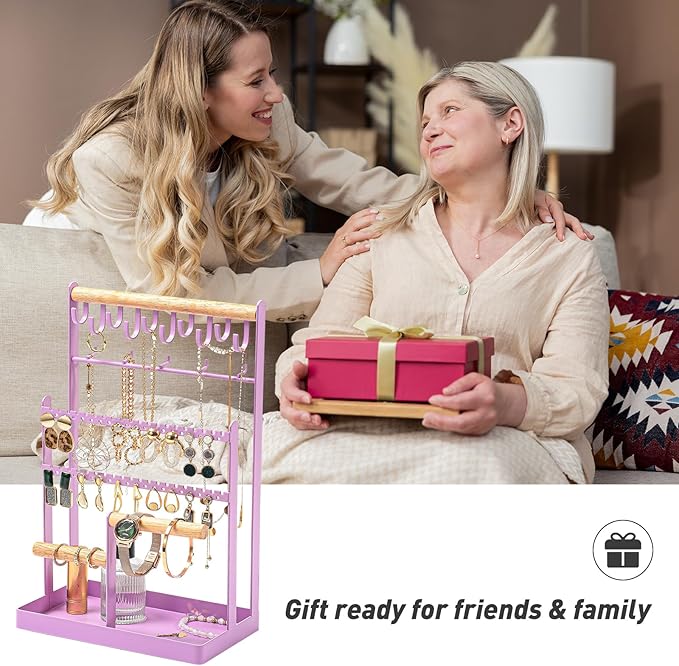 ProCase Jewelry Organizer Stand Necklace Organizer Earring Holder, 6 Tier Jewelry Stand Necklace Holder with 15 Hooks, Jewelry Tower Display Rack Storage Tree for Bracelets Earrings Rings -Purple