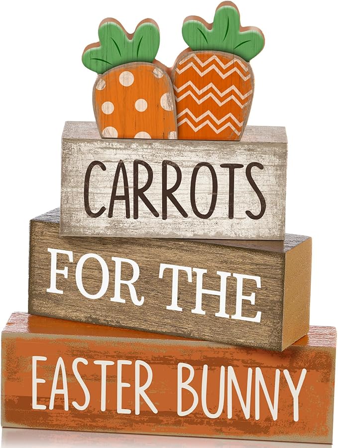 Lineshading 4 Pcs Easter Decor Wooden Carrot Decoration Easter Tiered Tray Decor Rustic Wooden Carrot Block Sign Carrots Table Centerpiece Farmhouse for Party Home Kitchen