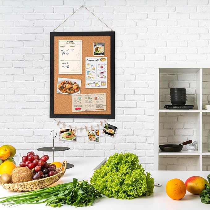 DOLLAR BOSS Cork Bulletin Board 1-Pack 16''X 12'' Double-Sided Cork Boards for Walls Wood Framed Corkboards, Small Pin Board for Home Kitchen Office Decorative Hanging 10 Pushpins, Black