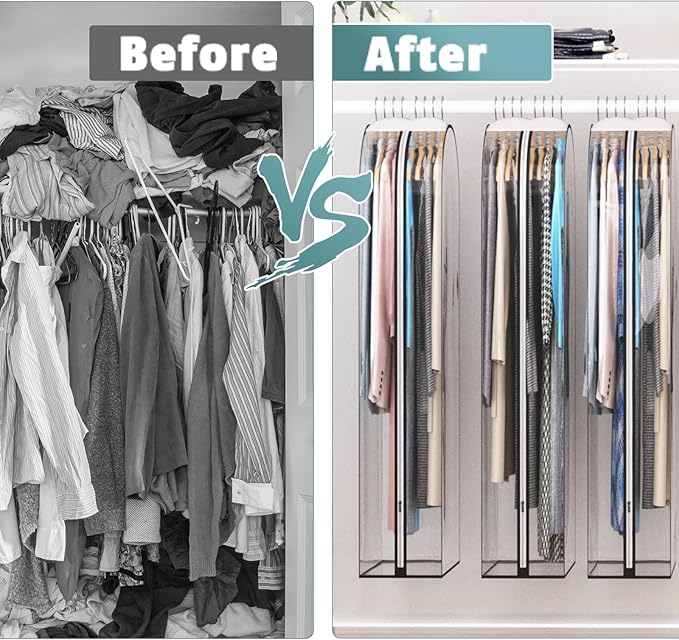 Clear Garment Bag for Hanging Clothes 10” Gusseted, 40&60” Suit Bags for Open Closet Storage Plastic Clothes Cover for Coat, Dress, Shirts, Fur, Jacket, Wardrobe Protectors, 4 Pack