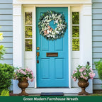 Artificial Wreaths for Front Door Year Round, 20-22" Green Eucalyptus Spring Summer Wreath with Lamb’s Ear Willow Ficus Leaves Bow, Modern Farmhouse Home Decor Porch Indoor Outdoor