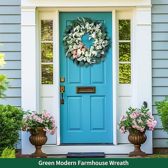 Artificial Wreaths for Front Door Year Round, 20-22" Green Eucalyptus Spring Summer Wreath with Lamb’s Ear Willow Ficus Leaves Bow, Modern Farmhouse Home Decor Porch Indoor Outdoor