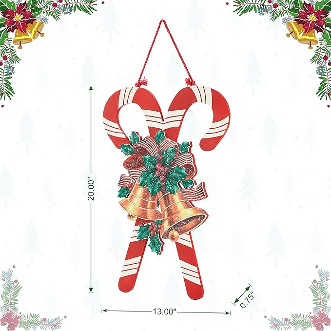 Glitzhome Christmas Candy Cane Wall Decor, 20"H Wooden Hanging Sign with Vintage Red White Stripe for Home Indoor Holiday Festival