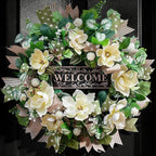 Spring Summer Wreaths for Front Door Outside 26 Inch, Magnolia Summer Wreath with Ribbons and Welcome Sign, Farmhouse Outdoor Spring & Summer Door Wreath for Front Door, Neutral Floral Decor
