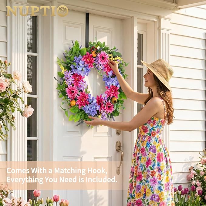 NUPTIO Summer Wreath for Front Door: 24 Inch Spring Wreaths with Hydrangea Lavender Lilac Dahlia Gerbera Hanger - Outdoor Indoor Realistic Artificial Flowers Holiday Decor for Wall Window Porch