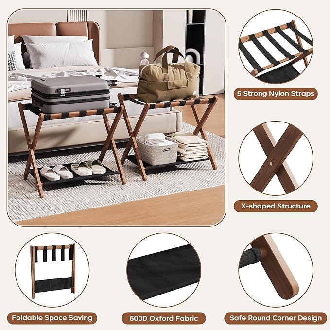 26.77" Full Assembled Luggage Rack for Guest Room, Set of 1 Bamboo Foldable Suitcase Stand, Bedroom & Hotel, Folding Luggage Holder with 5 Nylon Straps, 600D Oxford Fabric Shelf Walnut