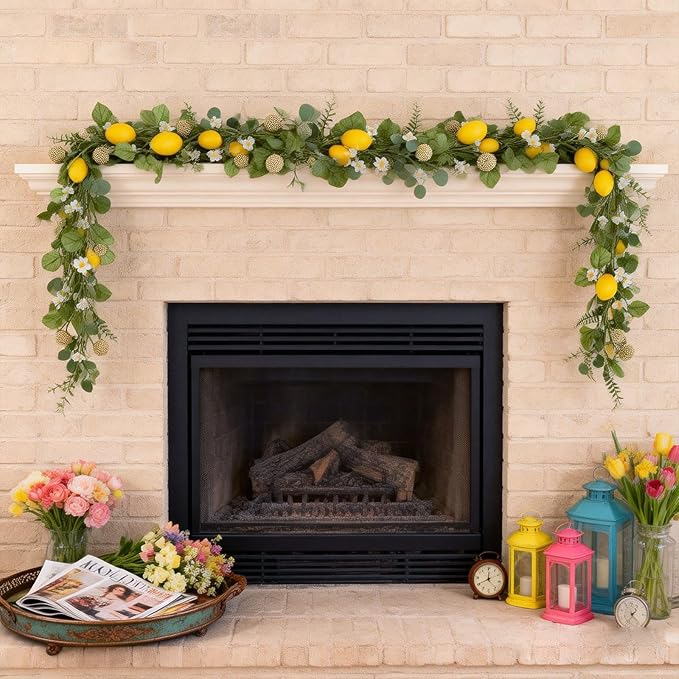 Idyllic 6 Ft Artificial Lemon Leaf Vine Garland - Faux Spring Wall Hanging Decor for Mantle, Window, Wedding, Home & Garden - Long Yellow Green Vine