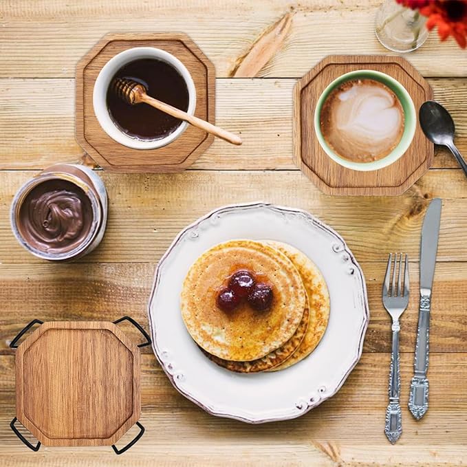 Cute Rustic Farmhouse Wooden Cup Coaster Set of 6 Cool Bar Drink Coasters with Holder Acacia Wood Coasters for Coffee Table Desk Decorative Outdoor Modern Coaster Home Decor Beverage Accessories Gift