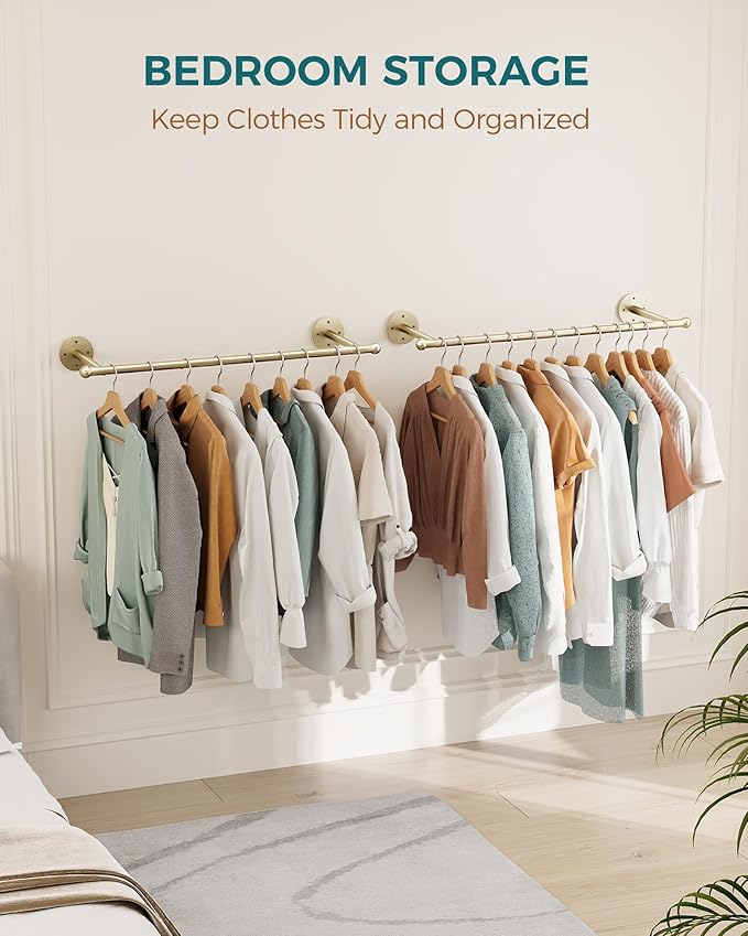 OROPY Industrial Pipe Clothing Rack Set of 2, Wall Mounted Clothes Rack, Closet Rods For Hanging Clothes, 33" Multi-purpose Hanging Rod for Laundry Room, Bedroom and Closet Storage, Gold