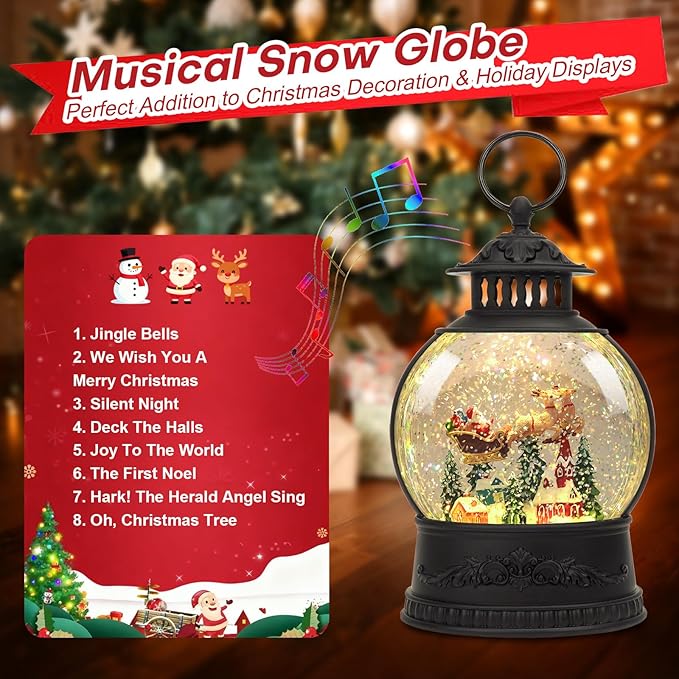 Christmas Snow Globe Water Lantern with Timer and Music, USB and Battery Operated Lighted Led Globe, Santa Snowglobe Table Decorations Indoor for Adults Home Holiday (Reindeer)