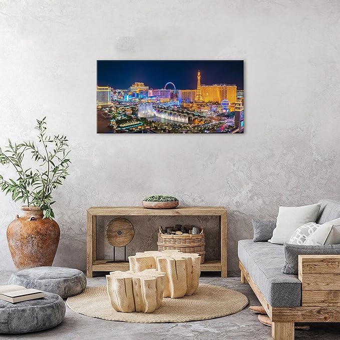 Las Vegas Skyline Wall Art American Cityscape Wall Decor City Night View Canvas Prints Picture Bellagio Fountain Skyscraper Painting Modern Artwork for Bedroom Living Room Home Decoration 20x40”