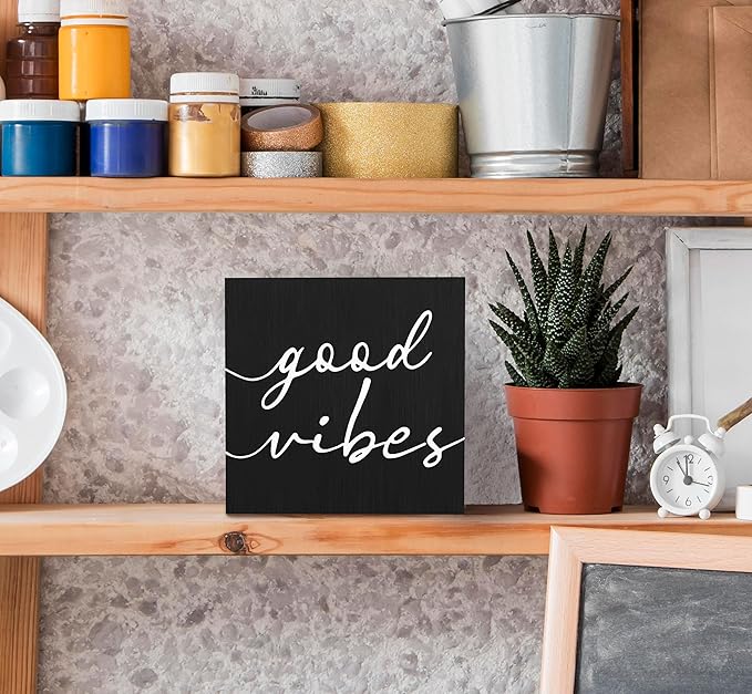 SRADMO Black and White Wood Box Sign Desk Decor, Inspirational Desk Decor Wooden Block Box Sign Decoration For Home Office Shelf Table